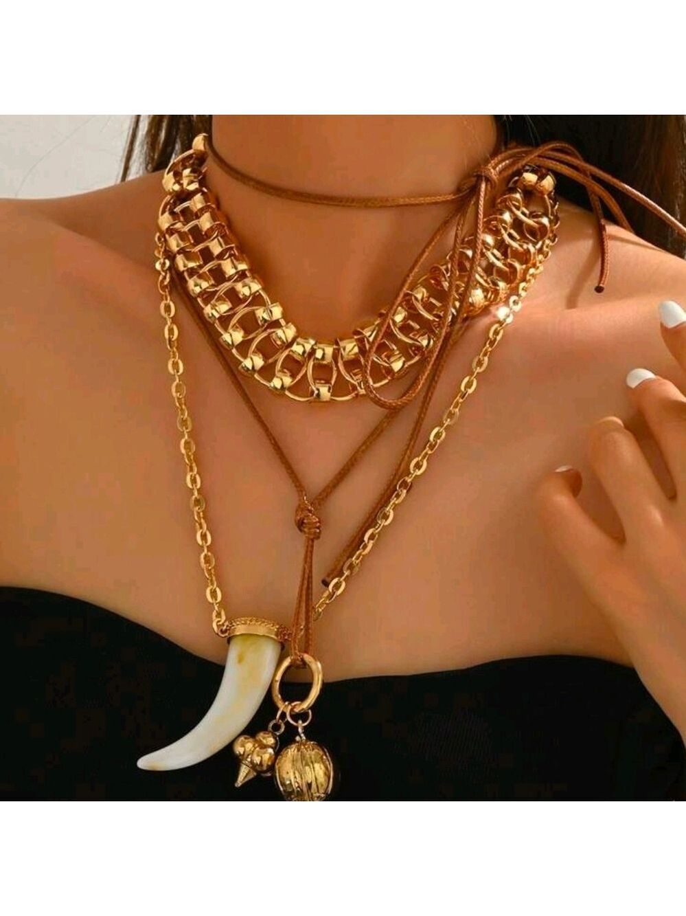 Gold and Brown Layered Necklace Set - Picture 1 of 5